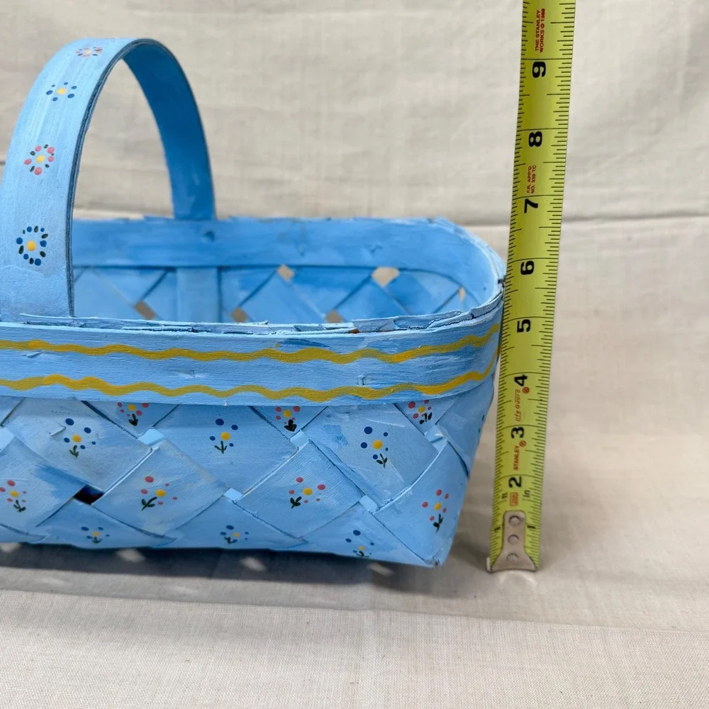 Vintage Blue Hand Painted Basket Cottagecore Storage Easter Gathering Basket